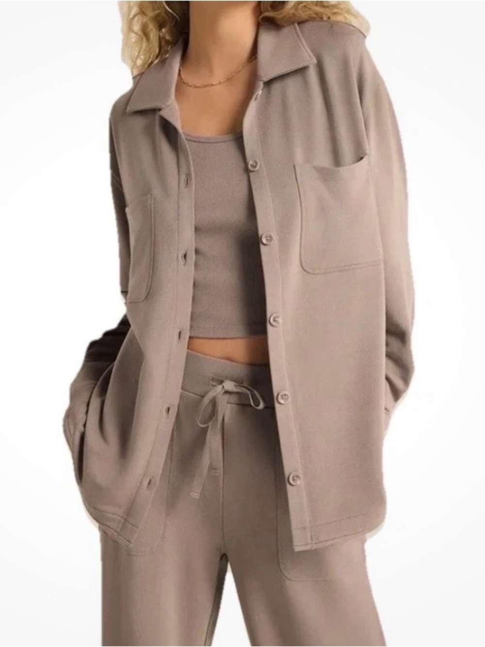 Women's Taupe Button-Down Shirt Jacket - Relaxed Knit Button-Up